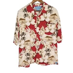 Bermuda Bay Mens Large 100% Silk Hawaiian Shirt Red Tropical Floral Hibiscus